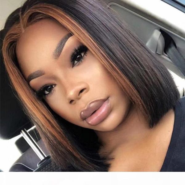 

150% 13x4 lace front human hair wigs for women #27 highlight wig brazilian remy honey blonde ombre short bob lace front wigs, Black;brown