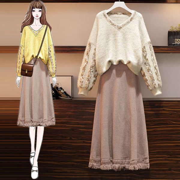 

large size women's clothing autumn and winter new sweater age reducing foreign style skirt fat sister show thin fashion two piece stree, Black;gray