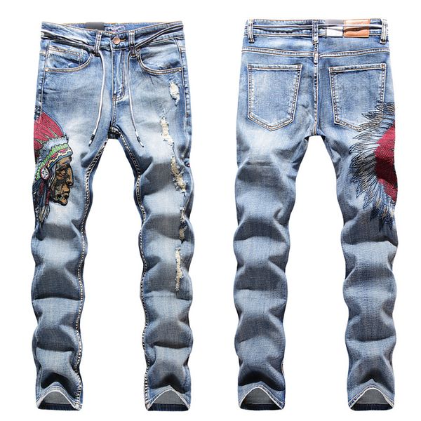 

jeans men elastic waist skinny jeans men 2021 stretch torn pants embroidery grinding holes streetwear men denim jeans blue