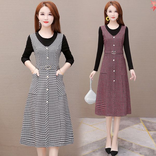

2021 new spring autumn women's dresses new fashion lattice stitching fake two-piece elegant female office long dress plus size h548 in8, Black;gray