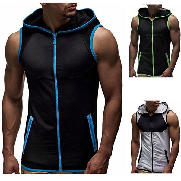 

clothing summer mens designer tshirt casual contrast color sleeveless hooded vest zipper cardigan tees homme, White;black