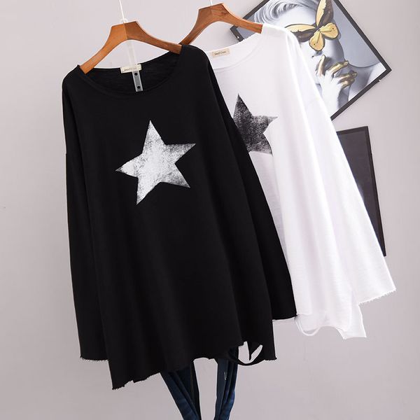 

spring&autumn new ovesize loose long sleeve women t-shirt fashion star printed casual style t shirt plus size 201125, White