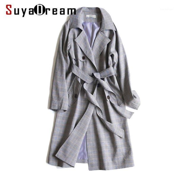 

women's trench coats suyadream women cotton long belted waisted double breasted plaid coat 2021 autumn winter coat1, Tan;black