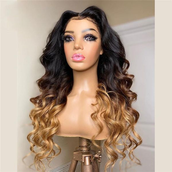 

ombre blonde brown body wave colored human hair wig with baby hair 13x4 lace part wig bleached knots for women, Black;brown