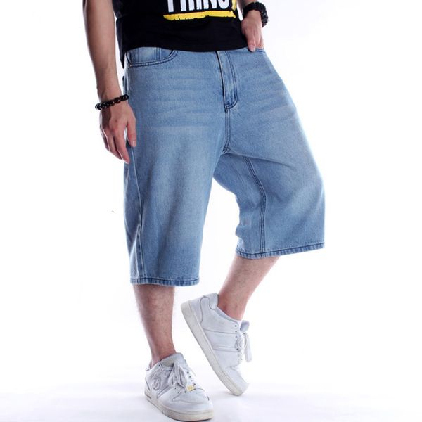 

2021 new jean short 3/4 length male trousers straight plus size 46 summer loose vintage hip hop pants streetwear jeans shorts lqot, Blue