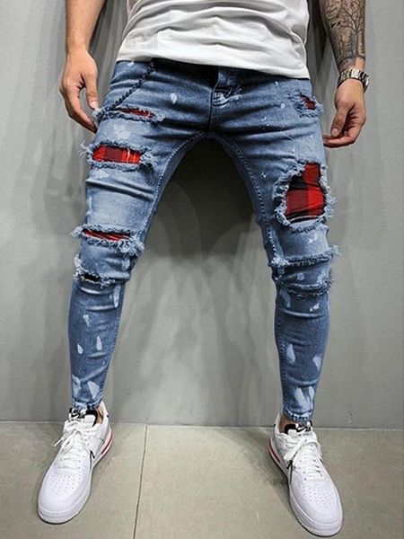

2021 new men's slim-fit ripped pants new men's painted jeans patch beggar fashion blue black jeans jumbo size s-4xl