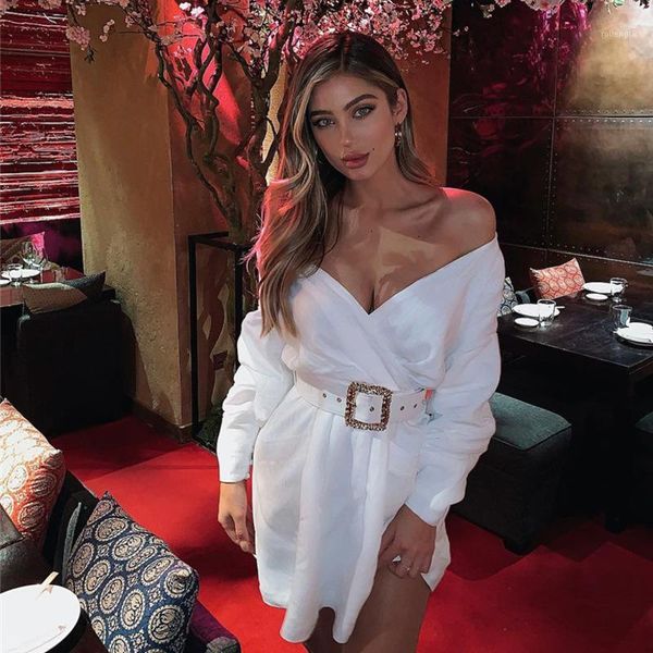 

deat 2020 spring off shoulder dress women party long puff sleeves ornate belt white dresses mini wrap dress beige mf4851, Black;gray