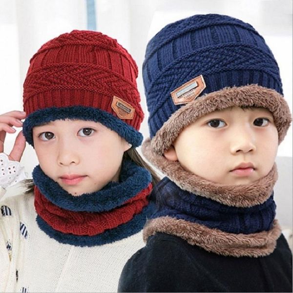 

beanie/skull caps 2pcs/set knitted scarf hats kids turban beanie cotton wool fur children girls boys elastic autumn winter soft warm hat, Blue;gray