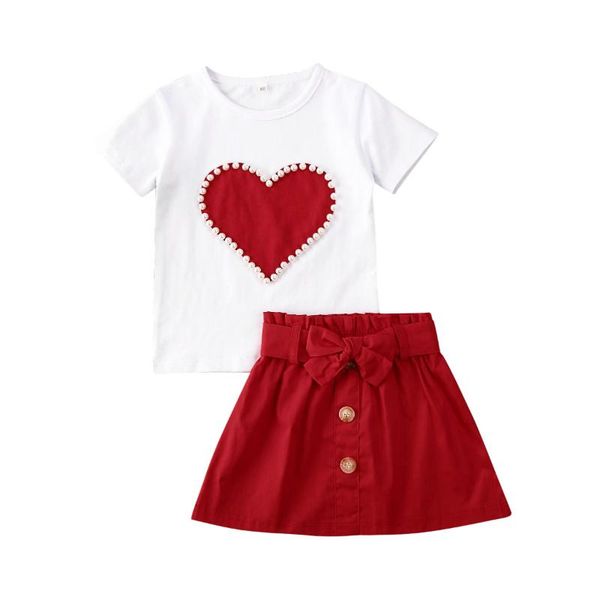 

toddler baby girl clothes peach heart print t-shirt bowknot skirt 2pcs outfits cotton clothes summer, White
