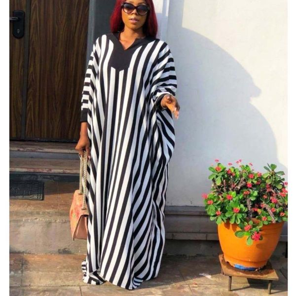 

[ewq] 2020 spring summer new arrivals v-neck batwing three quarter sleeve striped print pattern women fashion casual dress aw7051, Black;gray