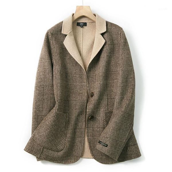 

hand-stitched double-sided woolen slim-fit single-breasted jacket suit women's plaid 2020 autumn and winter woolen coat b1051, Black