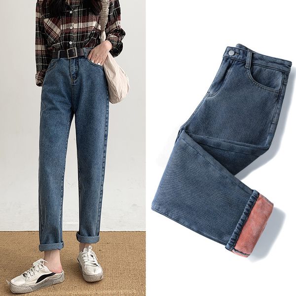 

winter spring warm fleece jeans women elegant fashion high waist loose straight pants female slim thicken cotton denim trousers y1214, Blue