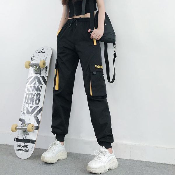

women cargo streetwear ankle elastic length waist female jogger pants aho0, Black;white