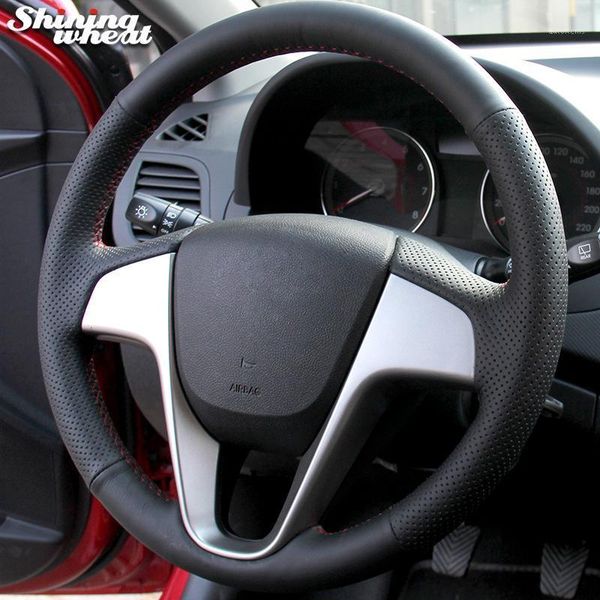 

shining wheat black leather car steering wheel cover for solaris verna i20 accent1