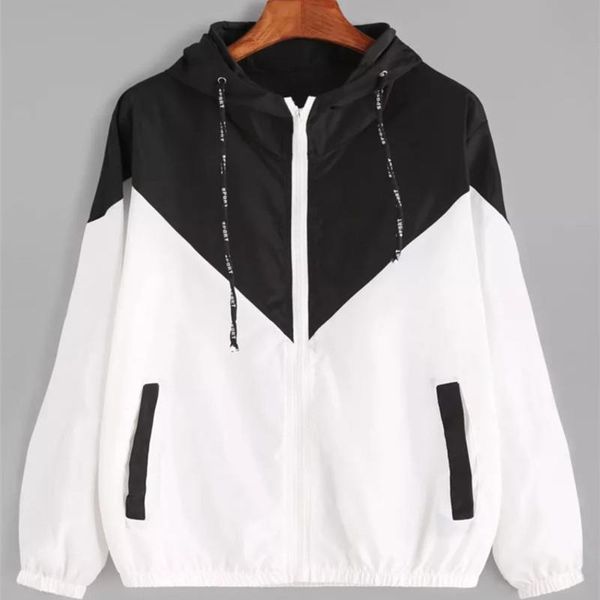 

europe and the united states in the summer 2018 women s clothing color matching elastic waist hooded jacket, Black;brown