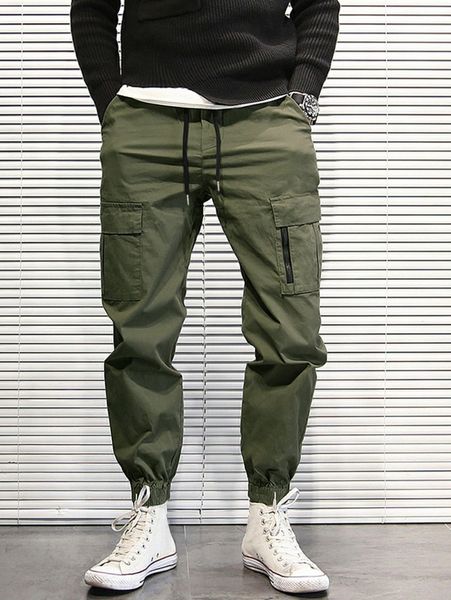 

men flap pocket drawstring waist cargo pants q7kb#, Black