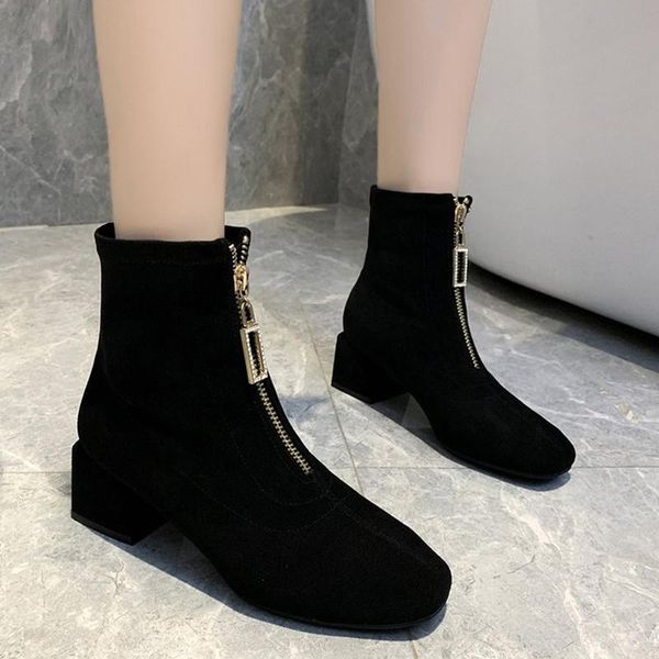 

rimocy fashion solid black flock ankle boots women front zipper bling crystal booties woman square toe high heels botas mujer