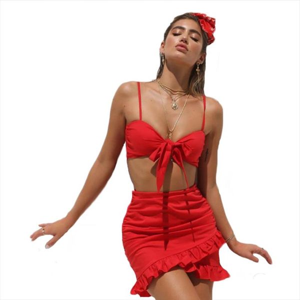 

summer women ladies red sets sleeveless bowkont sling camis crop ruched mini skirts 2pcs clubwear women outfits, Gray