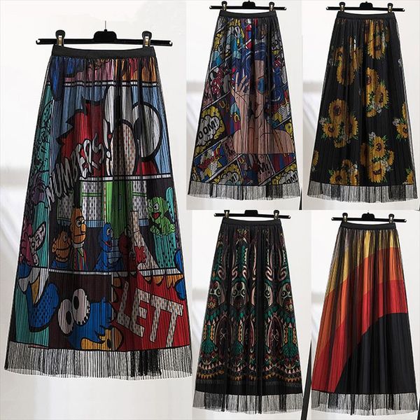 

cartoon pleated black tulle skirts womens new fashion brand high waist mesh patchwork mid calf summer skirt female party rok