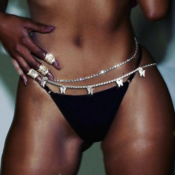 

2020 fashion crystal butterfly belly waist chain rhinestone animal butterfly belt body chain for girls, Silver