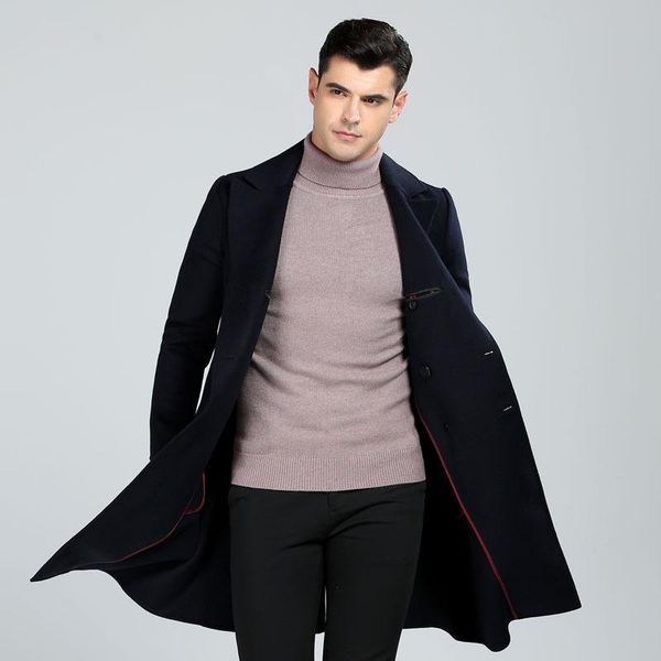 

men's trench coats autumn and winter wool coat high-end double breasted handmade faced simple windbreaker xz338, Tan;black