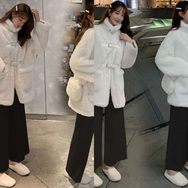 

nter 2020 new large women's clothes fat sister shows thin foreign style lamb hair sweater coat two piece suitvip1q, Black