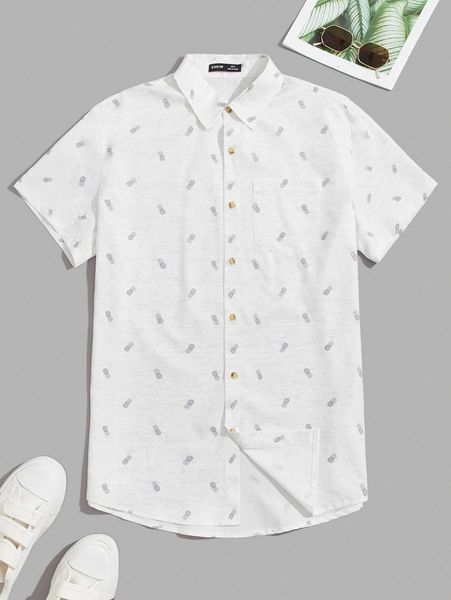 

men pineapple print patched pocket shirt 15yi#, White;black