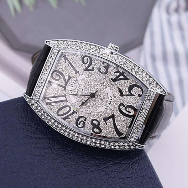 

fashion net red watch new men's full diamond digital quartz wine barrel real belt watch, Silver