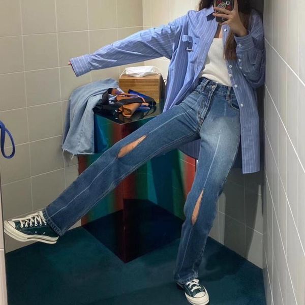 

woman hollow out high waist jeans denim, Blue