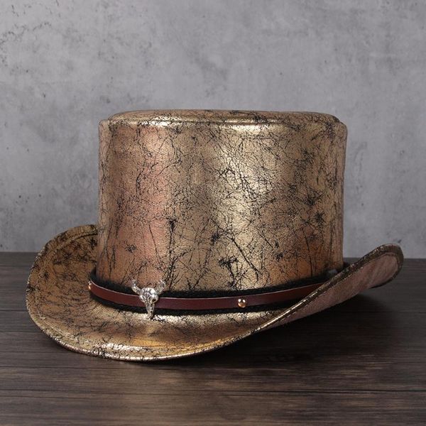 

wide brim hats 2021 leather hat for women men fedora magic flat steampunk cosplay pork pie party caps dropshiping 13cm, Blue;gray