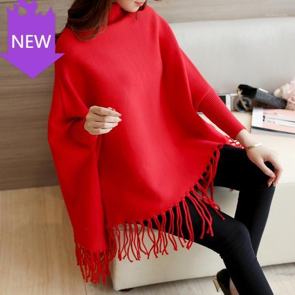 

shawl poncho women turtleneck sweater bat long sleeve pullover sweater 2020 women pullovers and sweaters loose tassel soft1, White;black