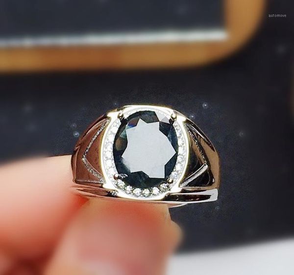 

men ring natural real black sapphire or garnet big rings per jewelry 4ct gemstone 925 sterling silver fine jewelry x20916121, Golden;silver