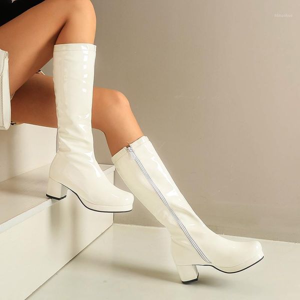 

mpd women high keen boots patent leather waterproof knee high boots white red party fetish boot women's shoes autumn winter1, Black