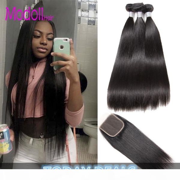

brazilian straight 100% human hair bundles with closure 8a brazilian straight hair weave 3 4 bundles natural black remy hair extensions, Black;brown