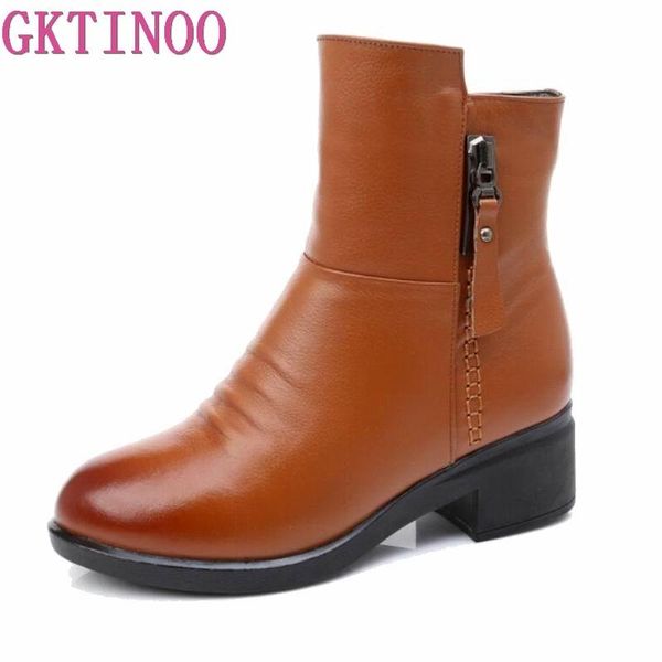 

boots gktinoo fashion women square heels genuine leather ankle 2021 winter warm fur plush shoes big size 43, Black