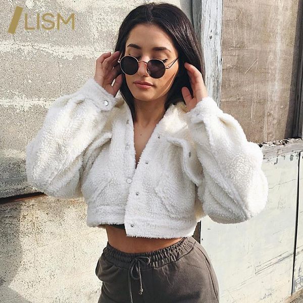 

women's jackets lism faux fleece long sleeves joggers coat streetwear autumn winter cropped women solid oversized jacket, Black;brown