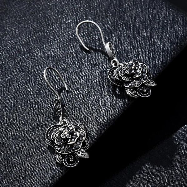 

vintage women black rose flower dangle drop earrings ear hook wedding party earring wholesale aretes de mujer modernos punk, Silver