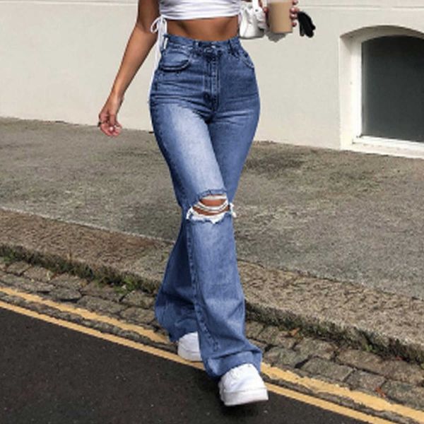 

fashion women ripped hole jeans high waist distressed long flare pants streetwear ladies stretchy hip hop denim trousers w0104, Blue