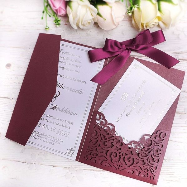 

ponatia 20 pcs laser cut invitations card with burgundy ribbon for wedding bridal shower engagement birthday (burgundy