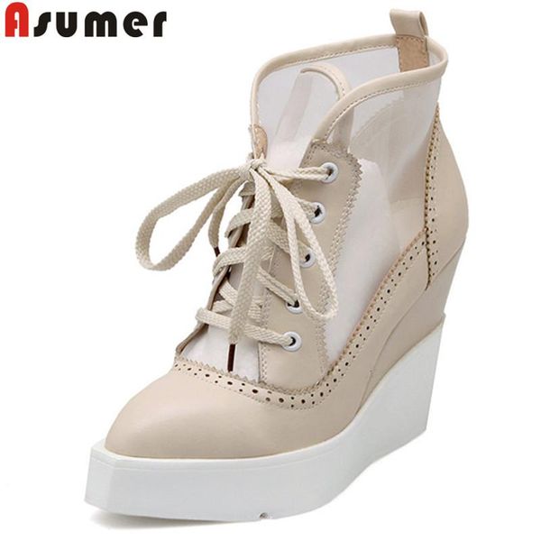 

boots asumer 2021 ankle for women pointed toe lace up high heels ladies prom shoes platform wedges big size, Black