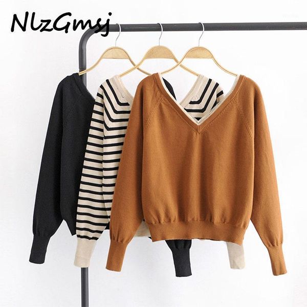 

nlzgmsj ladies knitted sweater womens striped pullovers autumn winter v neck patchwork jumper soft new knitwear1, White;black