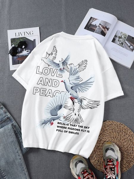 

men slogan & pigeon print drop shoulder print tee l8rz#, White;black
