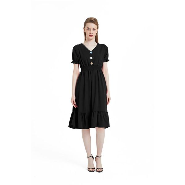 

v-neck solid color short sleeve hepburn dress, Black;white