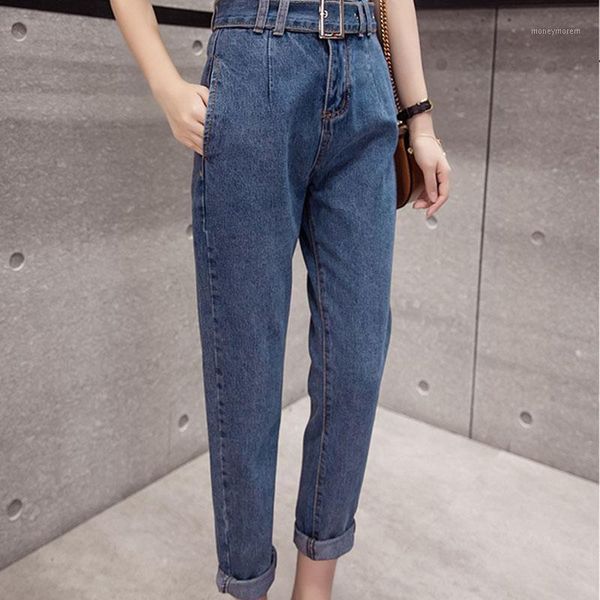 

women's jeans nine points loose belt high waist spring autumn navy for women with hip raise thin straight women's pants1, Blue