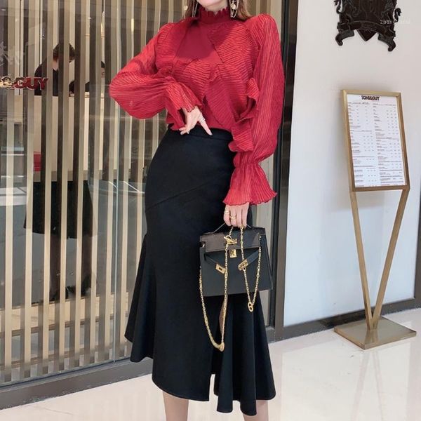 

2020 fall new style ruffled flared long-sleeved blouse black elegant slim half skirt women's two-piece high-quality fashion1, Gray