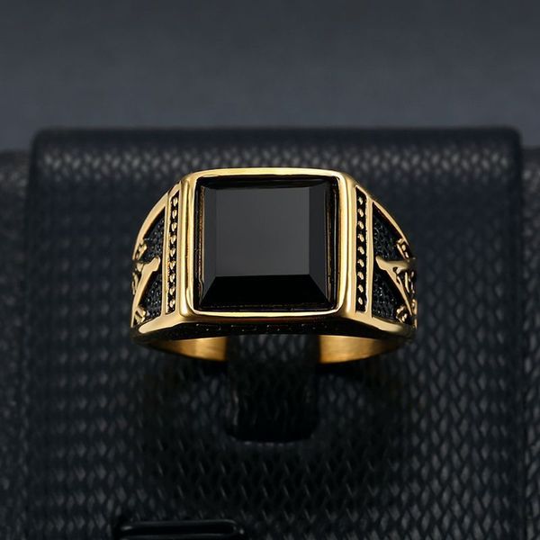 

classic ring titanium steel color preserving gold plated black agate masonic ag men's ring, Silver