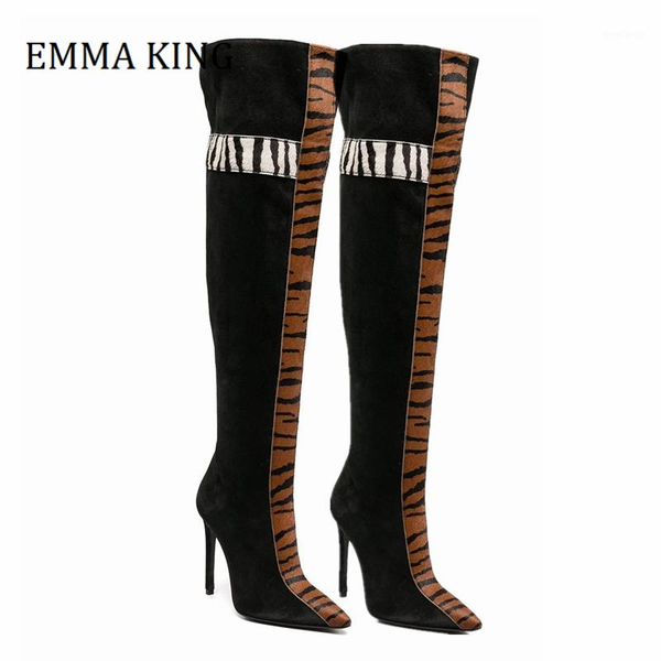 

mohair animal print patchwork women thigh high boots pointed toe stiletto heels over the knee boots side zipper women shoes1, Black