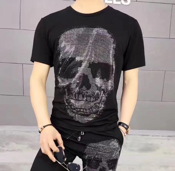 

casual men's t-shirt-neck diamond shirt streetwear strass tshirt v4am, White