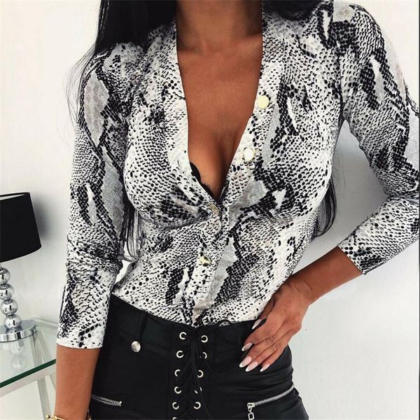 

women's v-neck playsuit new long sleeves snake leopard pattern bodysuit fashion leotard jumpsuit female bodycon romper, Black;white