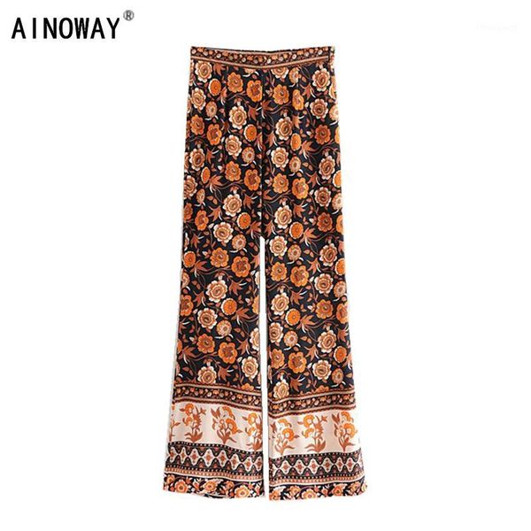 

vintage chic women black floral print bohemian flare pants ladies mid waist loose rayon boho long pants oversize1, Black;white